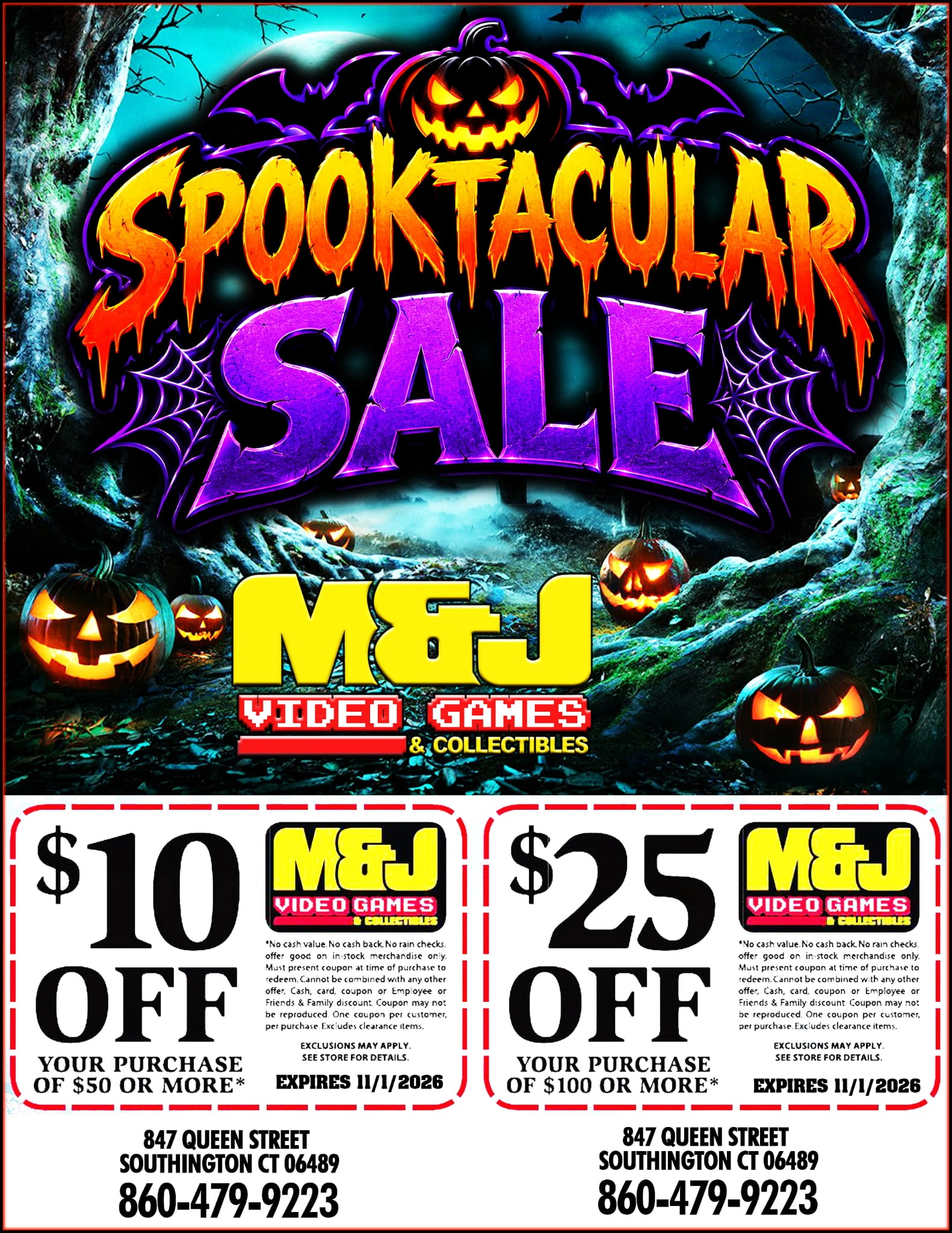 M&J Halloween Spooktacular promotional poster with current 2026 coupon terms