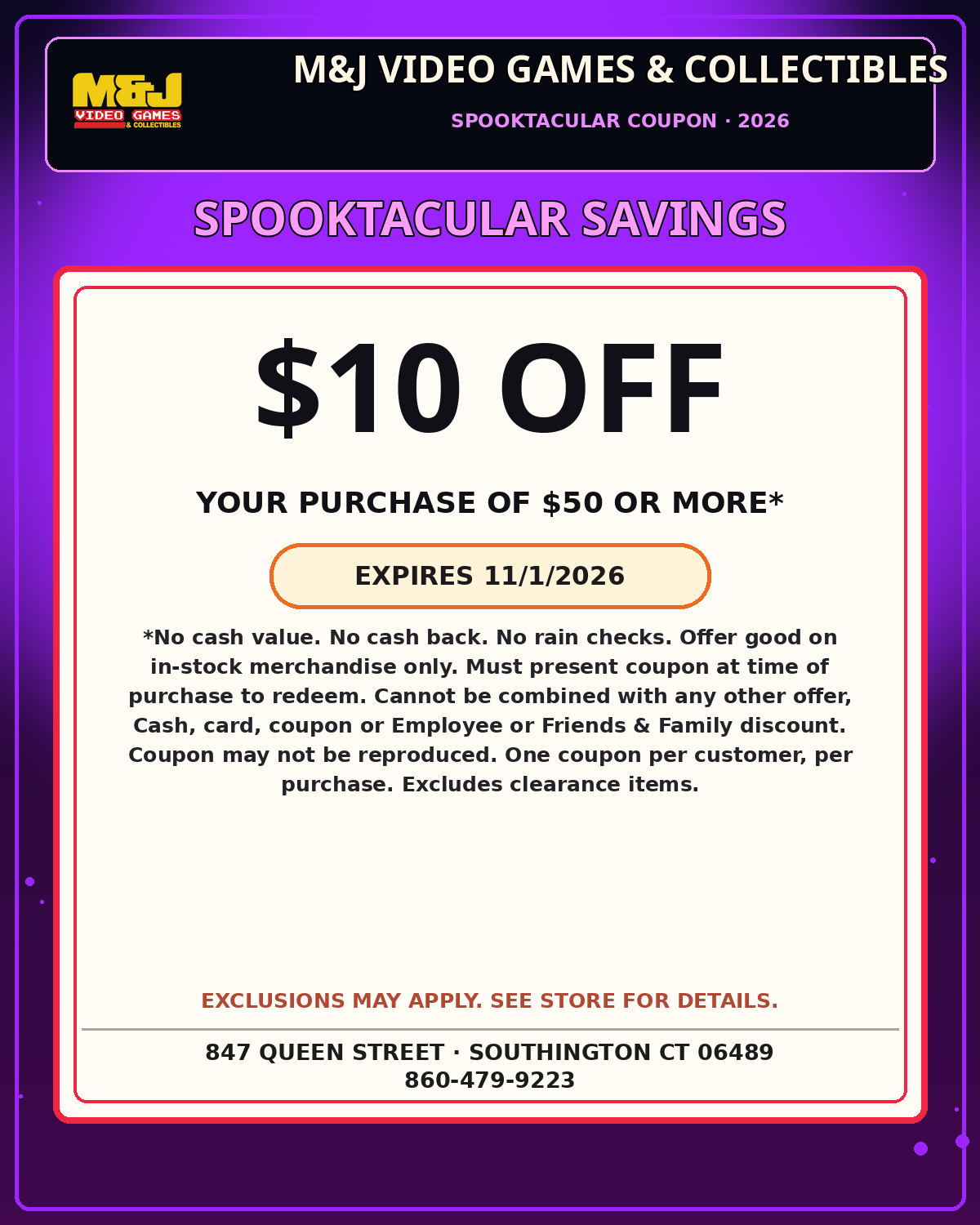 $10 off a $50 purchase coupon, expires November 1, 2026
