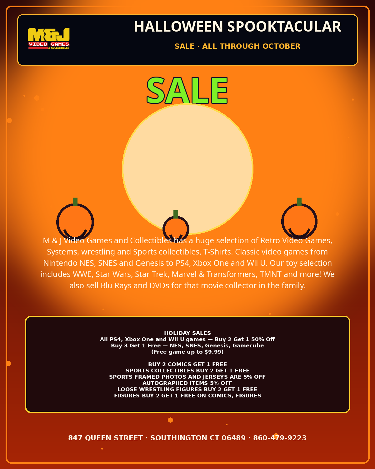 M&J Halloween Spooktacular sale flyer with merchandise categories and holiday offers